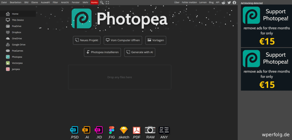 photopea dashboard ueberblick oben die werkzeugleiste in der mitte kann das zu bearbeitende bild abgelegt werden und links sind dateispeicherorte aufgelistet